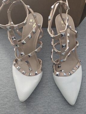 Mix No. 6 White and Tan Studded Pointed-Toe Ankle-Strap Pumps